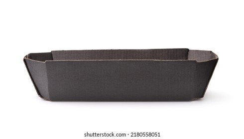 Side View Of Empty Disposable Black Paper Fast Food Tray Isolated On White