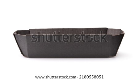 Side view of empty disposable black paper fast food tray isolated on white