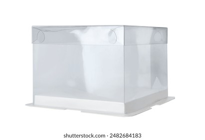 Side view of empty disposable plastic cake container isolated on white