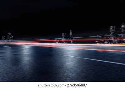 Side view of an empty night highway with fast horizontal motion blur light trails.