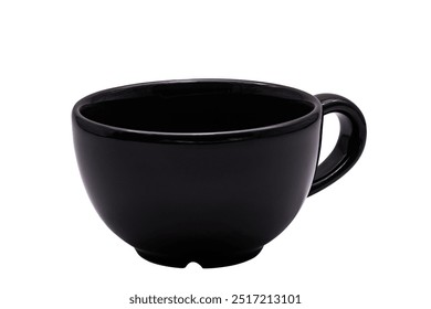 Side view of empty single black ceramic coffee cup isolated on white background with clipping path, closeup.
