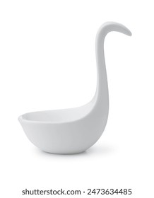 Side view of empty small ceramic bowl with handle isolated on white
