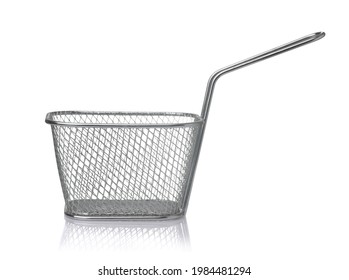 Side view of empty stainless steel wire chip serving basket isolated on white - Powered by Shutterstock