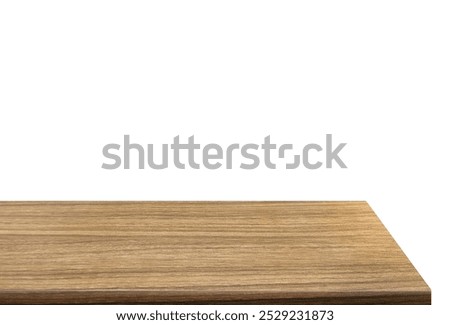 Side view of empty wooden table isolated on white background.