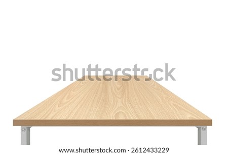 Side view of empty wooden table, white background.