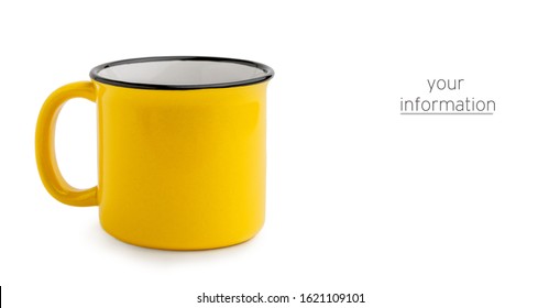 Side View Of Empty Yellow Enamel Coffee Mug Isolated On White Background