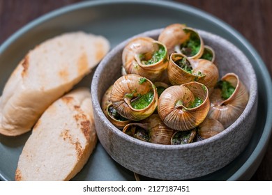 Side View Of Escargot Dish Made Of Cooked Edible Land Snails That Baked And Served In Their Shells With Garlic Butter And Green Sauce Of Herbs In Bowl On Plate With Grilled Bread Slices At Restaurant