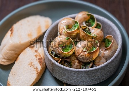 Side view of Escargot dish made of cooked edible land snails that baked and served in their shells with garlic butter and green sauce of herbs in bowl on plate with grilled bread slices at restaurant
