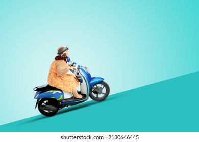 Side View Of Fat Young Woman Looks Happy While Riding Motorcycle On The Incline Road With Tosca Background