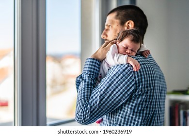 Side view of father holding his newborn baby over the shoulder while standing by the window in day at home - sleepy infant in position for burping new life and parenthood concept copy space