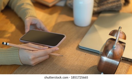 Side view of female hands using smartphone on wooden worktable in home office
