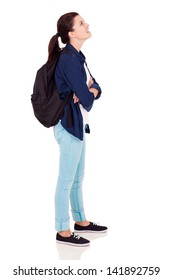 Side View Of Female High School Student Looking Up On White Background