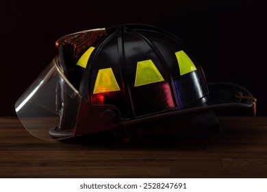 A side view of a firefighter's helmet, part of a firefighter's safety gear, displayed against a black background. - Powered by Shutterstock