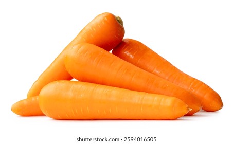 Side view of five fresh orange carrot roots in stack is isolated on white background with clipping path.
