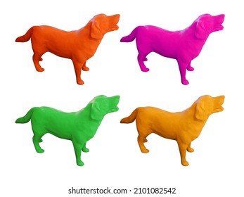 Side View Four Color Dog Standing, On White Background, Animal, Decor, Object, Vintage, Copy Space