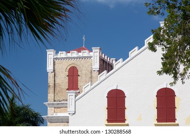 Side view of Frederick Lutheran Church in the old town of Charlotte Amalie St Thomas USVI