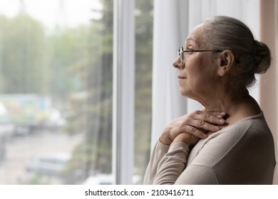 Side view frustrated depressed elderly mature retired woman in eyewear looking in distance out of window, suffering from loneliness or personal problems at home, recollecting memories or mourning. - Powered by Shutterstock