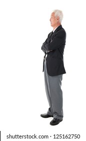 Side View Full Body Asian Senior Businessman Standing Isolated White Background