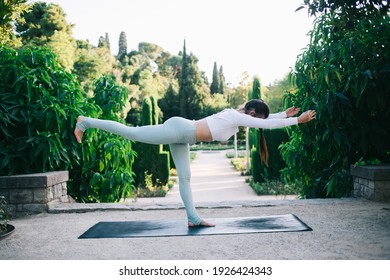 Side view full body slim female in light sportswear standing on one leg on yoga mat and performing Warrior Pose in lush vast garden