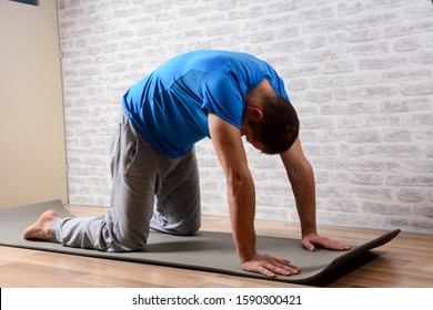 Side View Of Full Length Portrait Of Attractive Man Working Out At Home In Living Room, Doing Yoga Or Pilates Exercise On Mat. Cow Posture, Bitilasana, Asana Paired With Cat Pose On The Exhale.