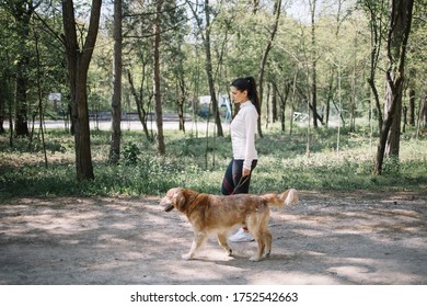 Side View Of Girl And Dog Having A Walk In Park. Brunette Woman In Sport Outfit Walking On Park Alley With Dog.