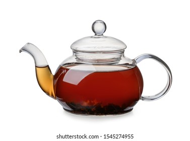 Side view of glass teapot full of black tea isolated on white
