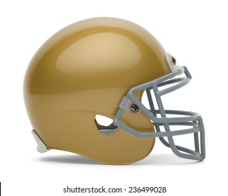 Side View Of Gold Football Helmet With Copy Space Isolated On White Background.