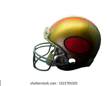 Side View Gold And Red Antique American Football Helmet On White Background, Object,sport,copy Space