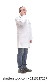 Side View Of Good Looking Male Doctor Using Or Speaking Over Or Presenting Smartphone