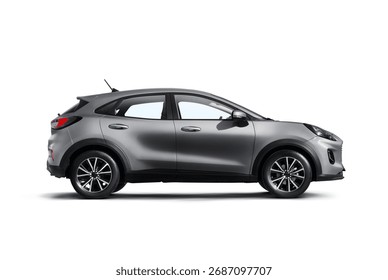 Side view of a Gray colored c class hatchbag car on a white background.