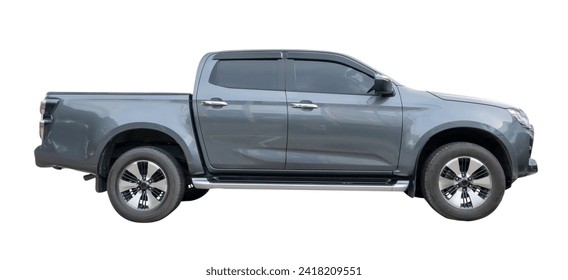 Side view of gray pickup truck is isolated on white background with clipping path.