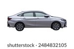 Side view of gray sedan car is isolated on white background with clipping path.