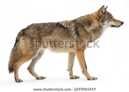 Side view of a gray wolf standing and looking forward, isolated on white background.