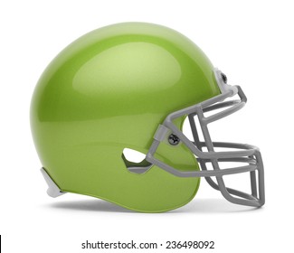 Side View Of Green Football Helmet With Copy Space Isolated On White Background.