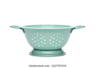 Side view of a Green Metal Colander isolated on white.