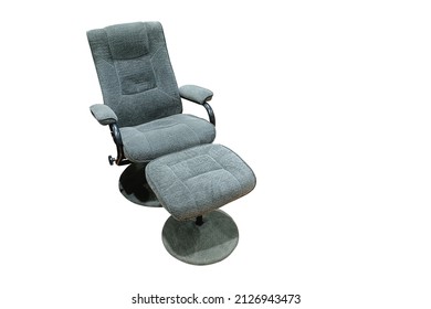 Side View Grey Leather Recliner Armchair And Footstool Set And Brown Wooden Leg On White Background, Object, Furniture, Vintage, Retro, Modern, Copy Space