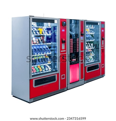 Side view of group of red free standing snack and coffee vending machines with contactless payment terminal isolated on white background. Glare is reflected on black screen. Small business theme.