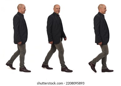 side view of a group of same man with blazer and jeans walking on white background - Shutterstock ID 2208095893