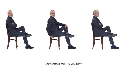 side view of a group of same man sitting  on chair with suit and tie and cross-legged on white background