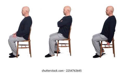 side view of a group of same man with pajamas on white background - Shutterstock ID 2254763645
