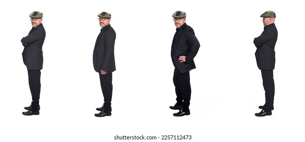 side view of a group of same man with suit and cap on white background - Powered by Shutterstock