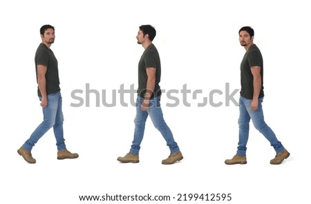 side view of  group of same man walking on white background