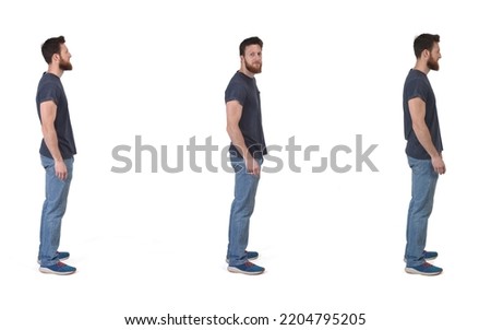 side view of a group of same man on white background