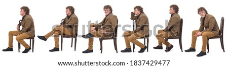  side view of group of same middle aged man with blazer and various poses sitting on a chair on white background