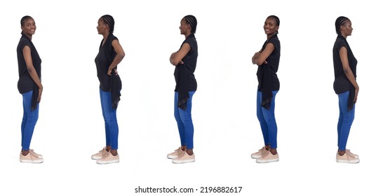 Side View Of  A Group Of Same Woman On White Background