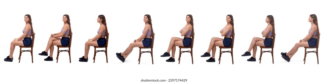 side view of a  group of same young girl sitting on chair on white background