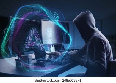 Side view of hacker at desk using computer with creative digital tech circle on blurry dark office background. Big data, hacking and technology concept. Double exposure