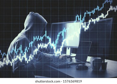 Side view of hacker at desktop using computer with forex chart. Trade and hacking concept. Multiexposure