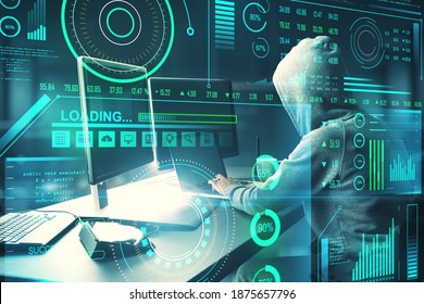 Side view of hacker at desktop using computer with  software interface and  big data hologram.  Trade and hacking concept. Multiexposure