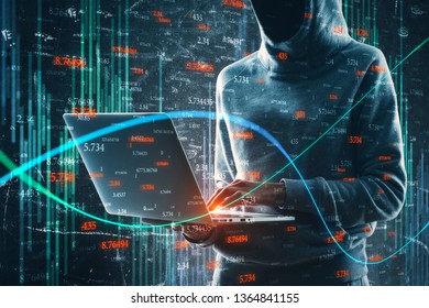 Side view of hacker in hoodie using laptop with forex chart on blurry binary code background. Hacking and economy concept. Double exposure 